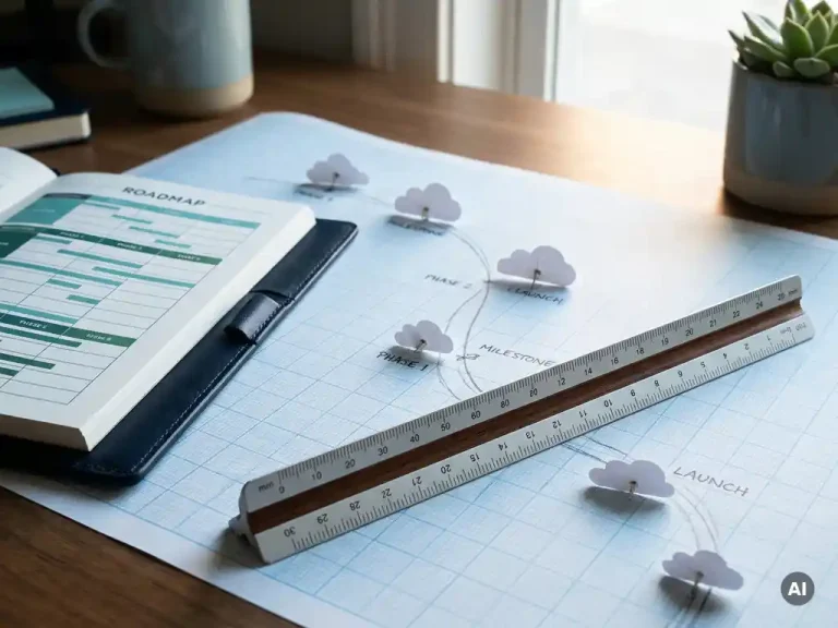 Architect's scale ruler resting diagonally across a blueprint grid with cloud-shaped paper cutouts along a timeline path beside an open navy notebook.