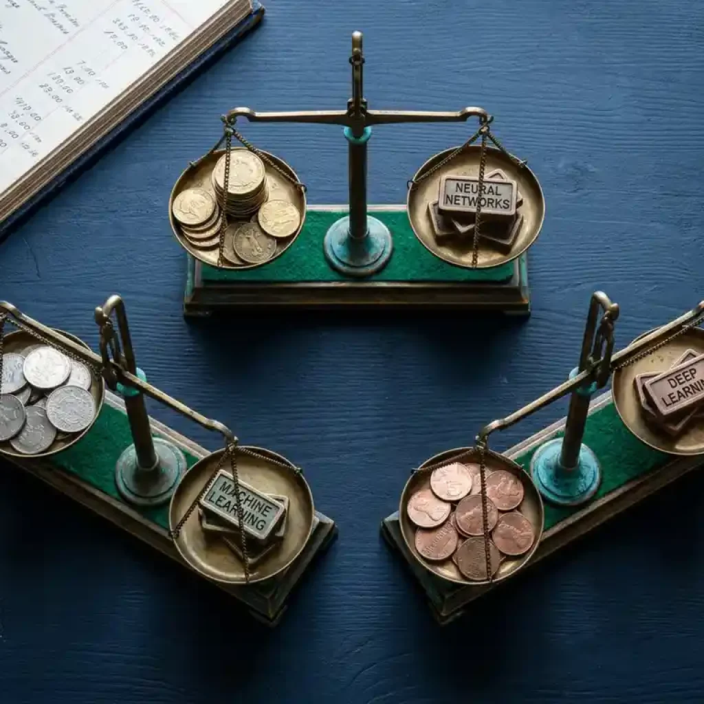 Three brass balance scales in triangular formation on navy desk, each holding weighted coins representing AI model investment comparisons.