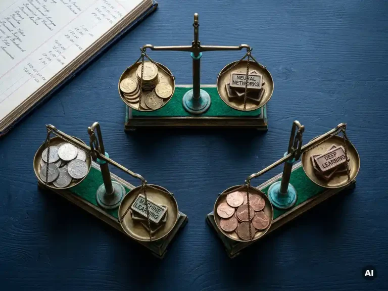 Three brass balance scales in triangular formation on navy desk, each holding weighted coins representing AI model investment comparisons.