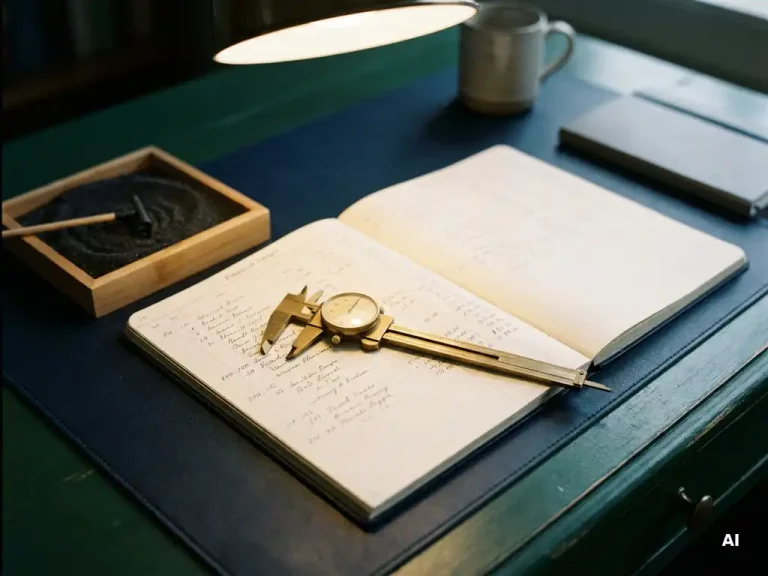 Brass measuring gauge on an open financial ledger beside a dark soil sandbox, symbolizing controlled A/B testing and data precision.