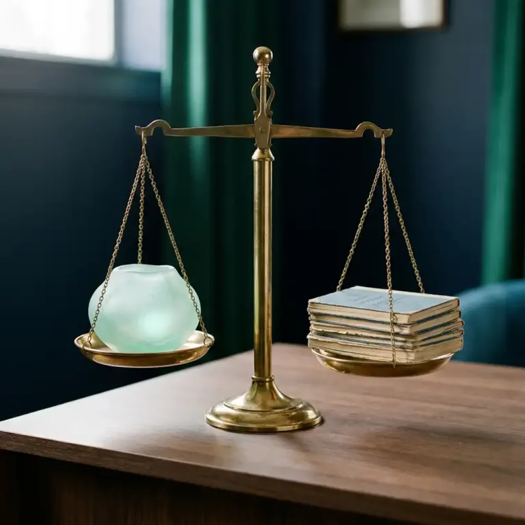 Brass balance scale weighing a frosted glass cloud against stacked financial ledger cards on a modern navy blue desk.