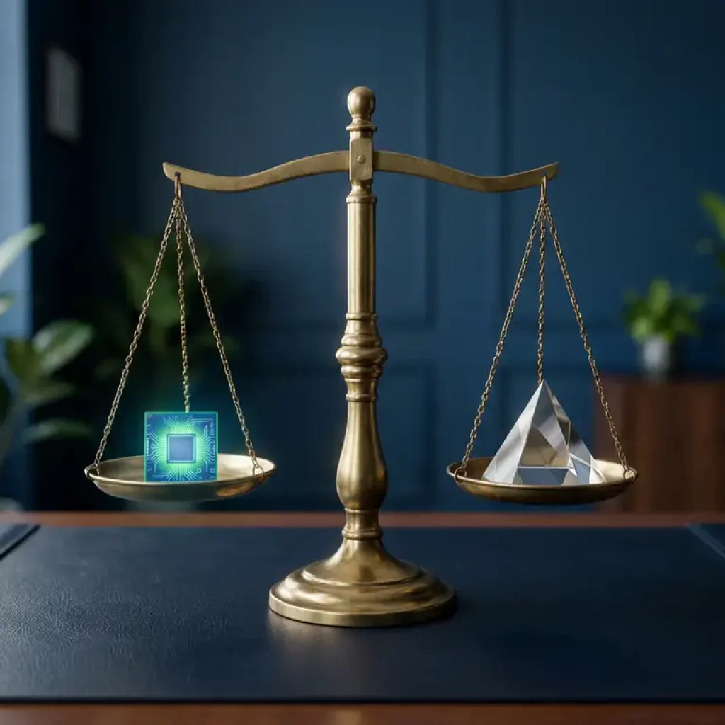 Een messing weegschaal op een marineblauw bureau, waarop een gloeiende serverchip wordt afgewogen tegen een geometrisch kristal, verlicht met zachte blauwgroene en blauwe tinten.