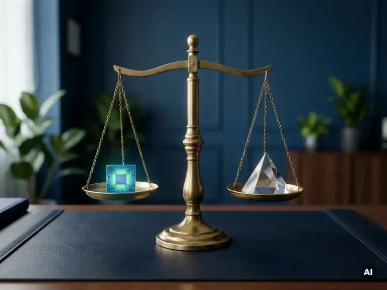 Eine Waage aus Messing auf einem marineblauen Schreibtisch, auf der ein leuchtender Server-Chip gegen einen geometrischen Kristall abgewogen wird, beleuchtet von sanften Blaugrün- und Blautönen.