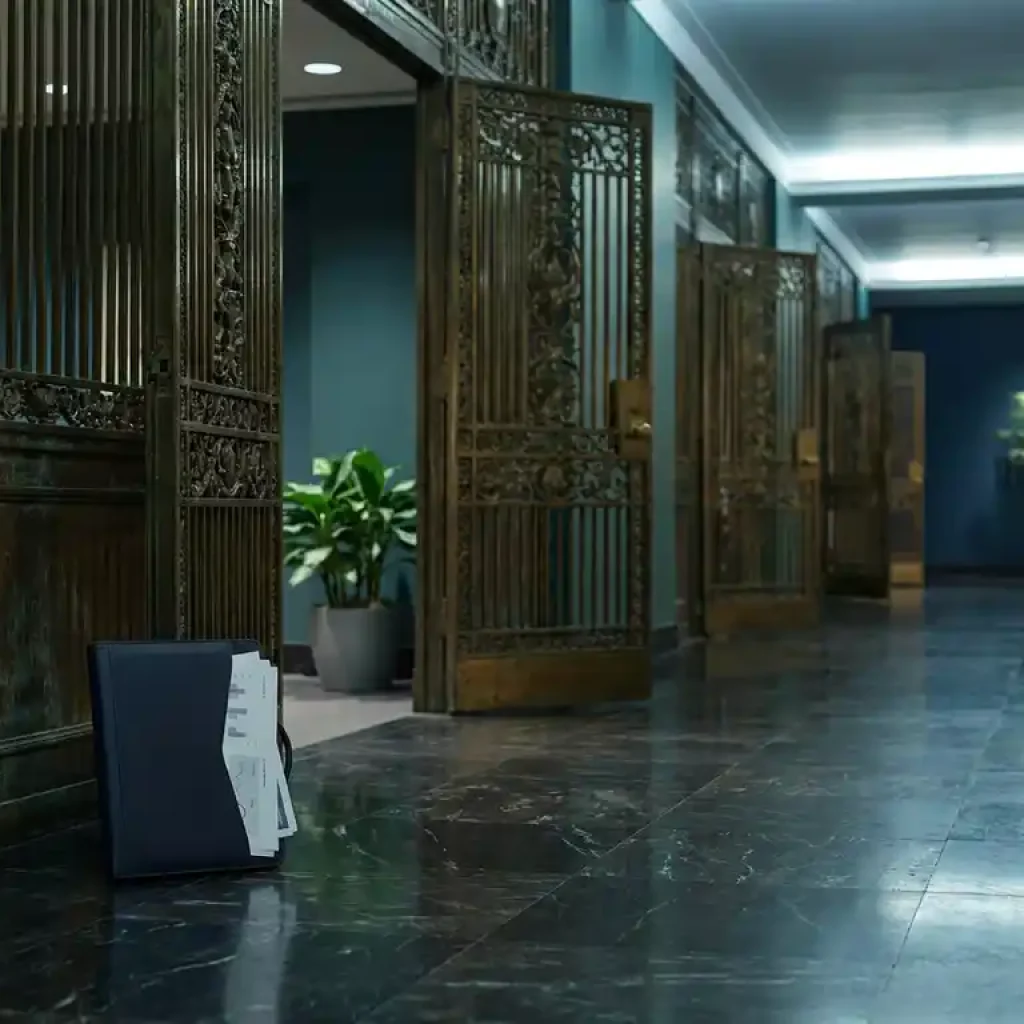 Ornate bronze gates standing open along a marble corridor with a leather portfolio of financial documents leaning against the nearest gate.