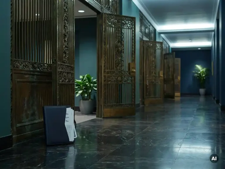 Ornate bronze gates standing open along a marble corridor with a leather portfolio of financial documents leaning against the nearest gate.