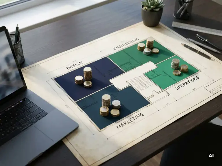 Overhead flat-lay of an architectural floor plan with coin stacks representing team budgets in each labeled zone, shot in natural daylight.