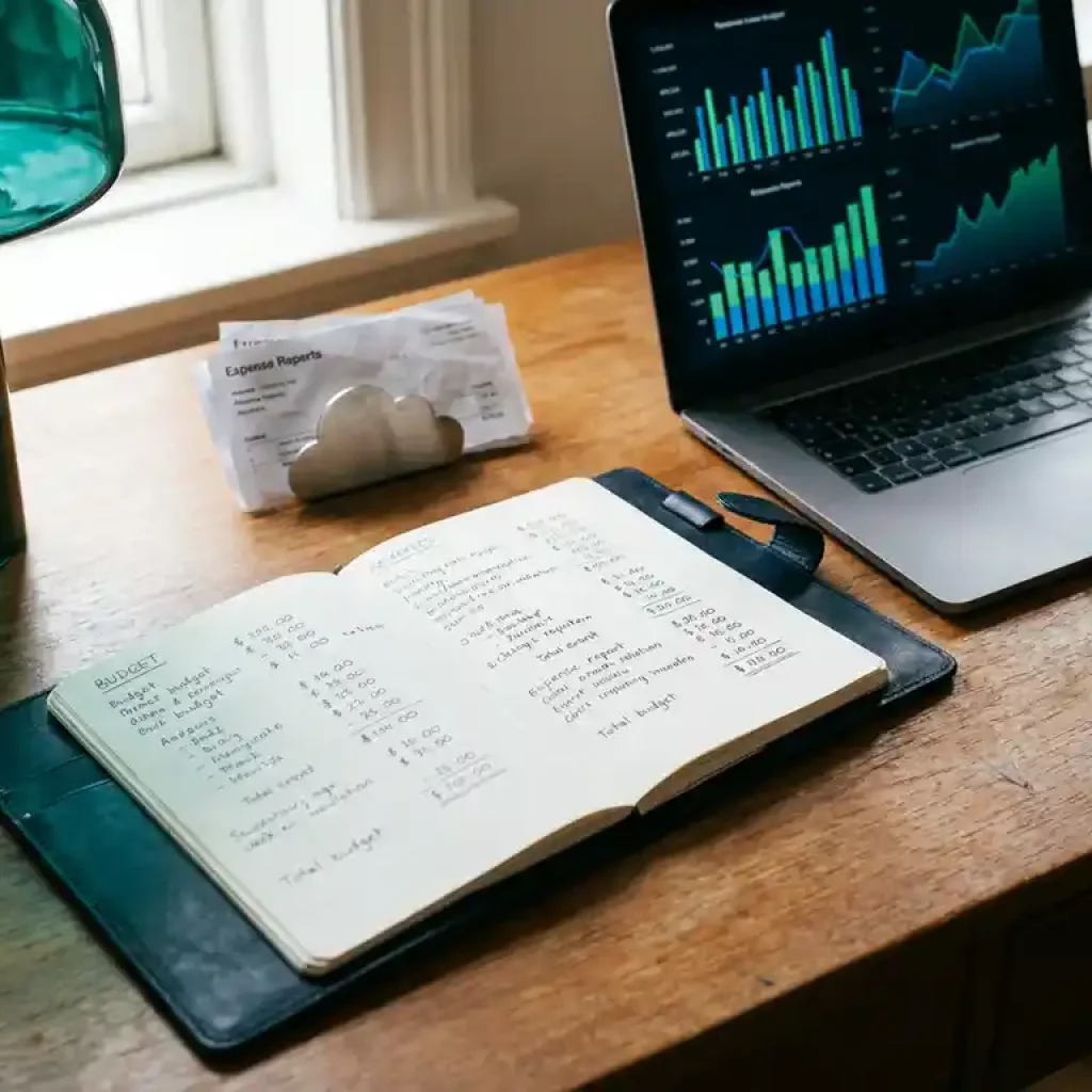 Schreibtisch eines Finanzfachmanns mit Leder-Notizbuch, Budgetzahlen, Laptop mit Verbrauchsdiagrammen und Spesenabrechnungen in Marineblau- und Smaragdgrüntönen.