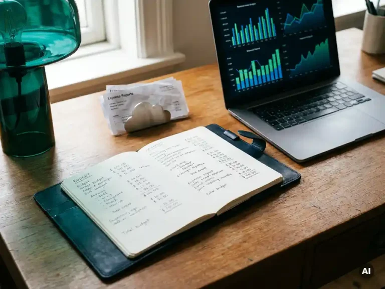 Finance professional's desk with leather notebook, budget figures, laptop showing consumption graphs, and expense reports in navy and emerald tones.