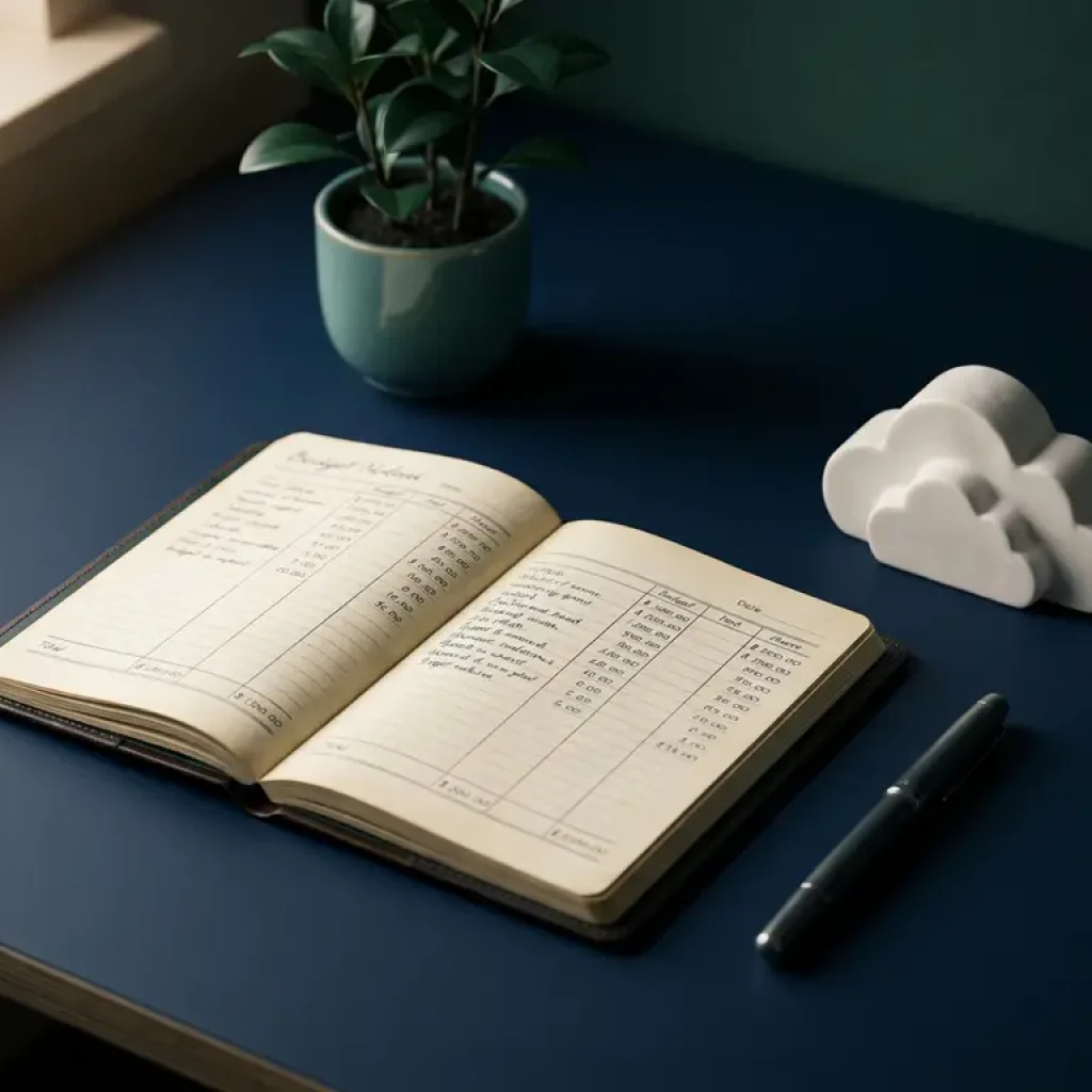 Ein offenes Notizbuch mit handgeschriebenen Budgetspalten neben einem weißen Architekturmodell in Form einer Wolke auf einem marineblauen Schreibtisch, daneben eine grüne Pflanze und ein Stift.