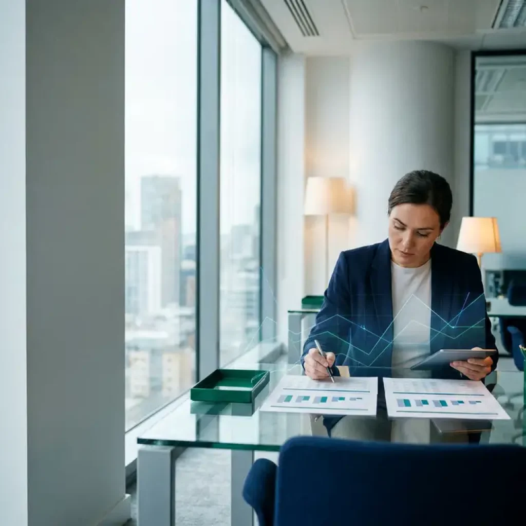Ein Business-Analyst vergleicht zwei Kostenaufschlüsselungsberichte auf einem Glastisch in einem modernen Büro mit raumhohen Fenstern.