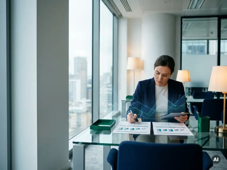 Ein Business-Analyst vergleicht zwei Kostenaufschlüsselungsberichte auf einem Glastisch in einem modernen Büro mit raumhohen Fenstern.