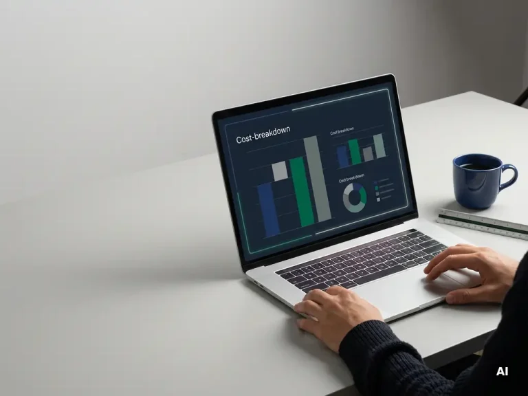 Business analyst reviewing a cost-breakdown dashboard on a laptop at a minimalist desk with coffee cup and architectural ruler.