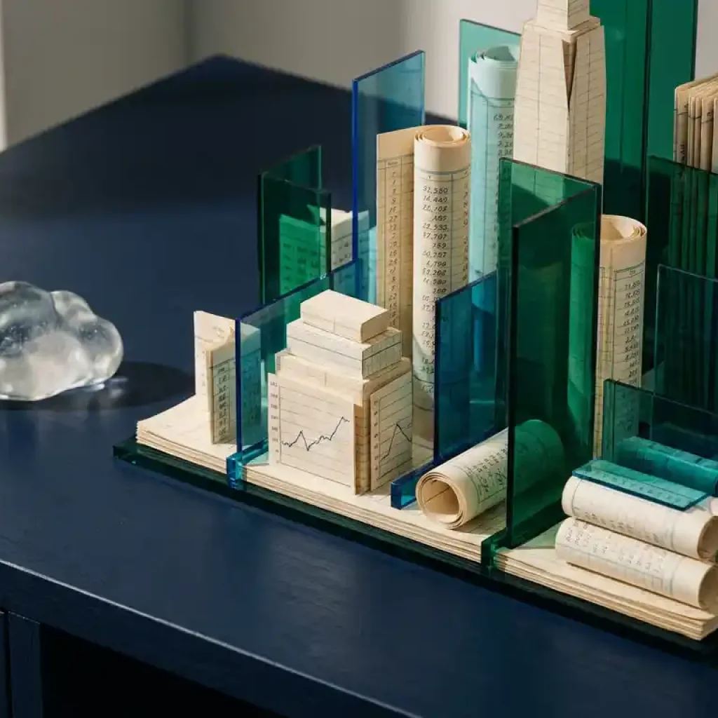 Architektonisches Modell einer Stadtsilhouette, bestehend aus gestapelten Finanzbuchhaltungsblättern und Acrylplatten, auf einem marineblauen Schreibtisch mit einem Briefbeschwerer in Form einer Glaswolke.