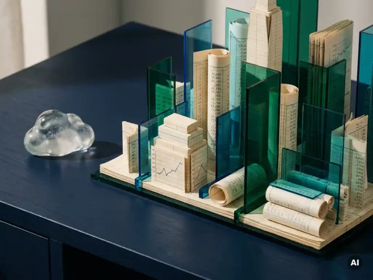 Architectural city skyline scale model built from stacked financial ledger sheets and acrylic panels on a navy desk with a glass cloud paperweight.
