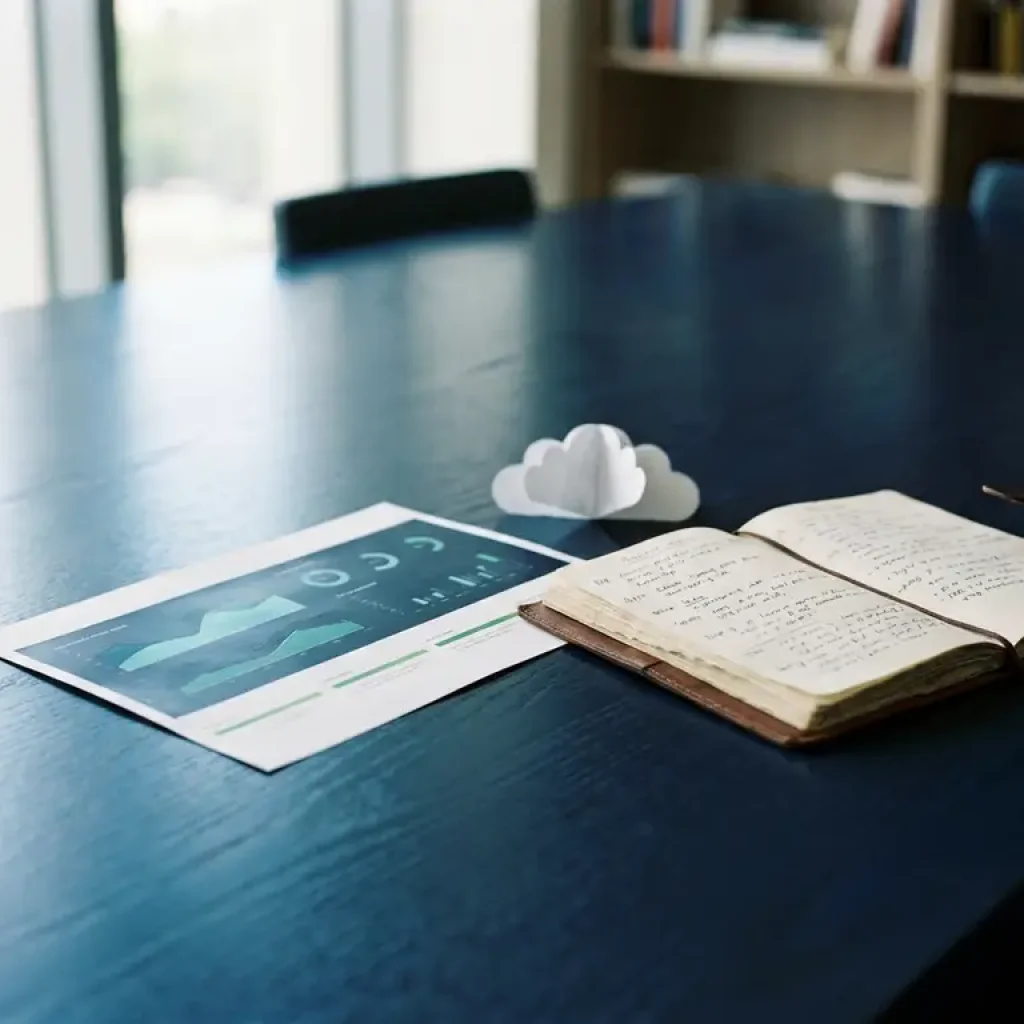 Ein Ausdruck des Finanz-Dashboards und ein Budgetheft aus Leder auf einem marineblauen Konferenztisch, verbunden durch ein kleines Wolkenmodell aus Papier im sanften Bürobeleuchtung.