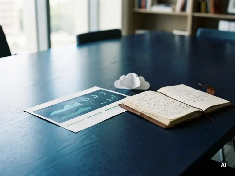 Financial dashboard printout and leather budget ledger on a navy conference table, linked by a small cloud paper model in soft office light.