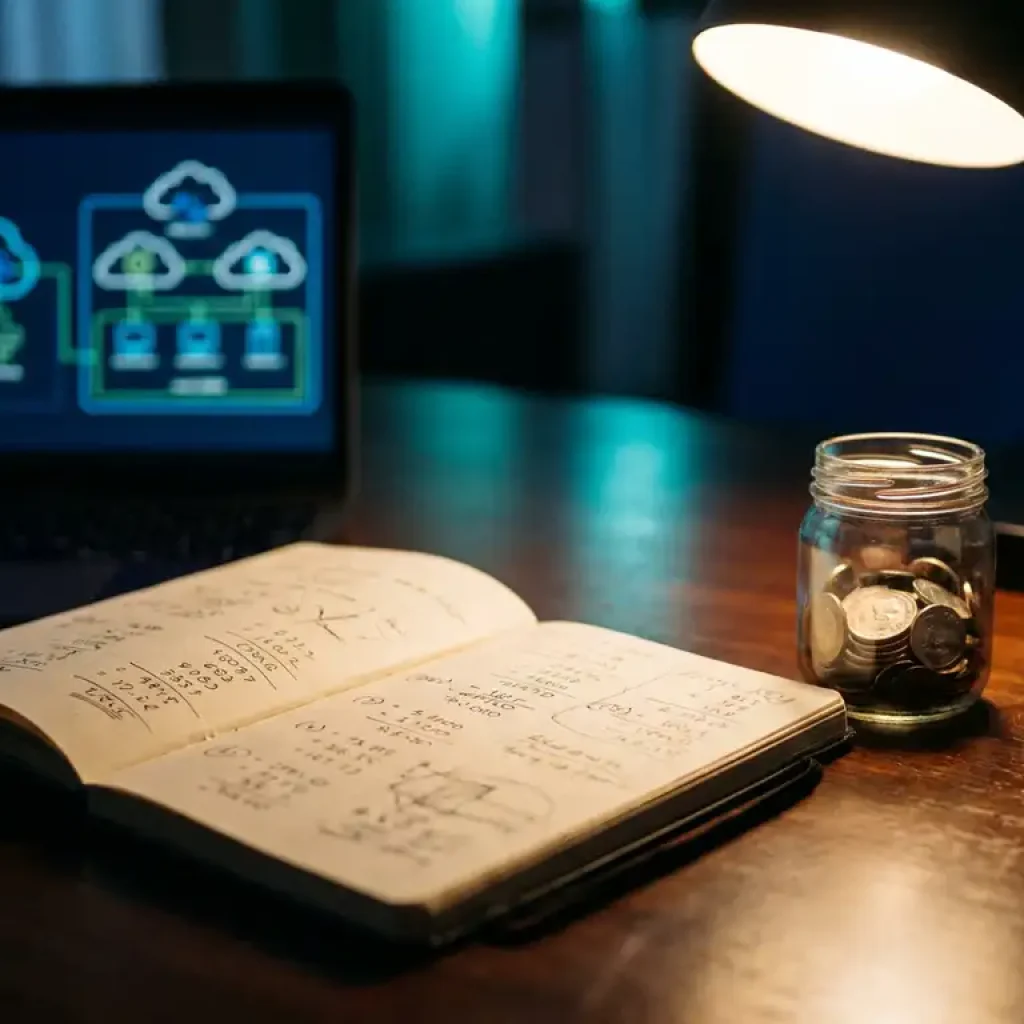 Ein offenes Notizbuch mit handgeschriebenen Budgetzahlen neben einem Münzglas und einem Laptop, auf dessen Bildschirm Diagramme zur Cloud-Architektur zu sehen sind, auf einem dunklen Schreibtisch.