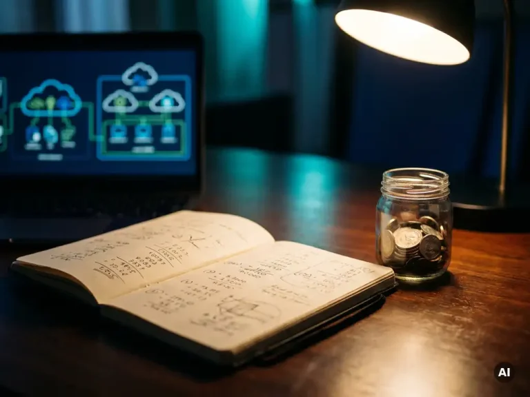 Open notebook with handwritten budget figures beside a coin jar and laptop displaying cloud architecture diagrams on a dark desk.