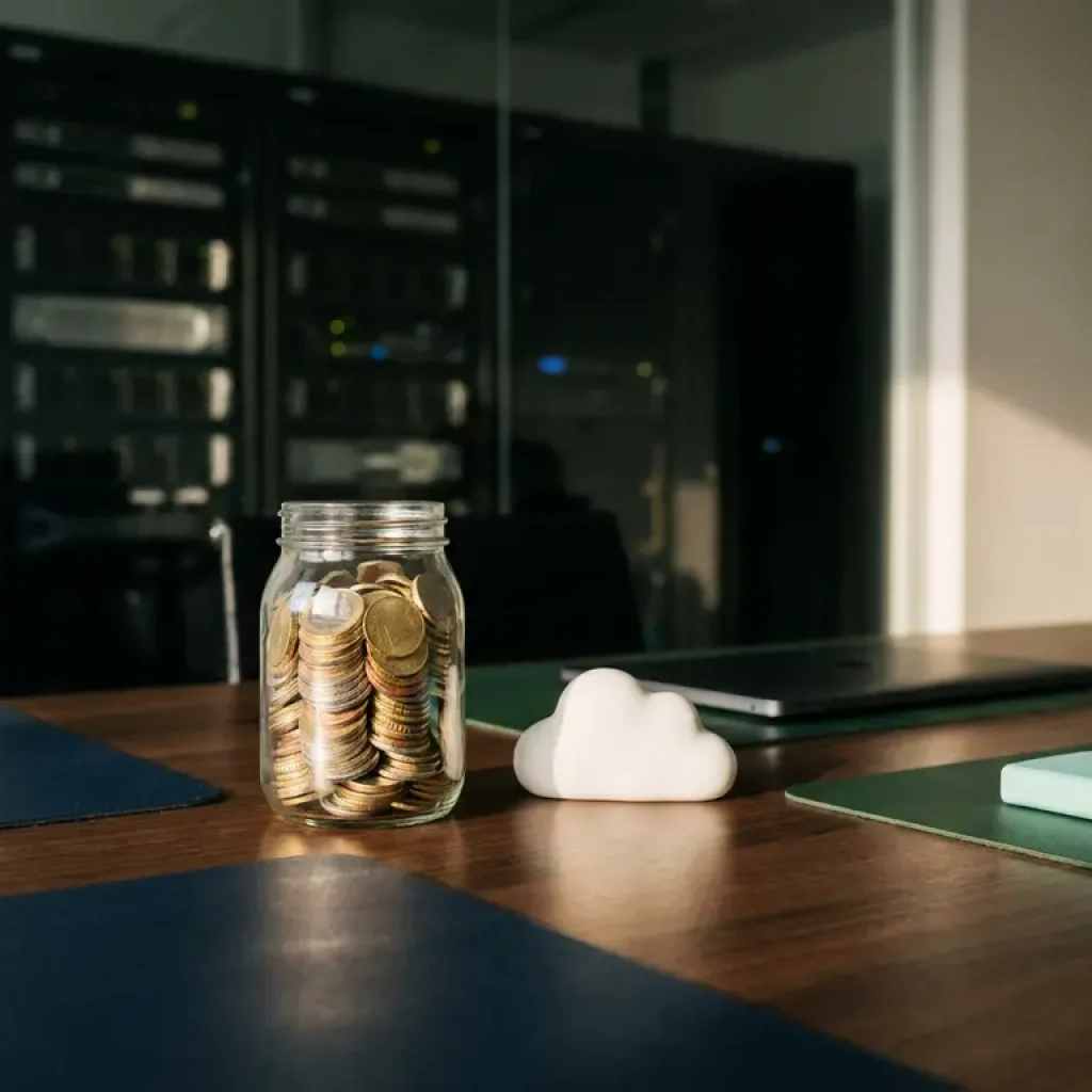 Ein mit Euro-Münzen gefülltes Glasgefäß neben einem wolkenförmigen Objekt auf einem modernen Schreibtisch, im Hintergrund ist ein verschwommener Serverraum zu sehen.