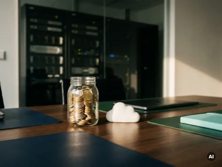 Glass jar stacked with euro coins beside a cloud-shaped object on a modern desk, server room blurred in background.