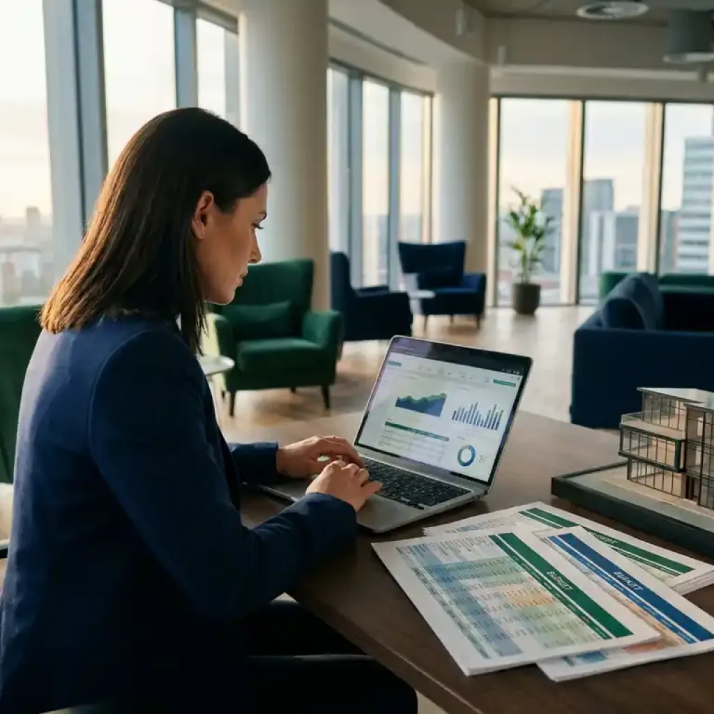 Ein Finanzfachmann, der in einem modernen Büro auf einem Laptop Berichte zur Kostenverrechnung in der Cloud neben Budget-Tabellen und einem Architekturmodell durchsieht.