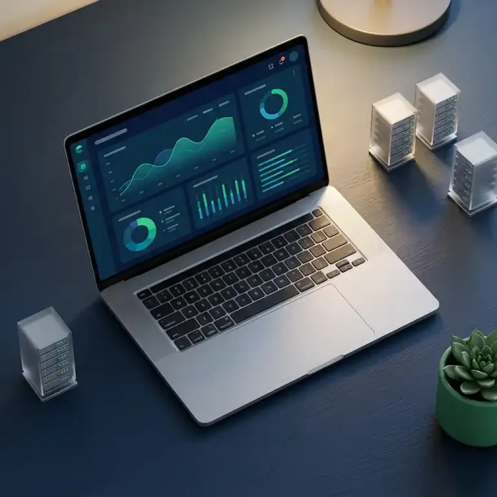 Laptop, auf dem ein Dashboard zur Analyse der Cloud-Kosten zu sehen ist, auf einem marineblauen Schreibtisch mit Miniaturmodellen von Servern und einer grünen Sukkulente unter einer warmen Schreibtischlampe.