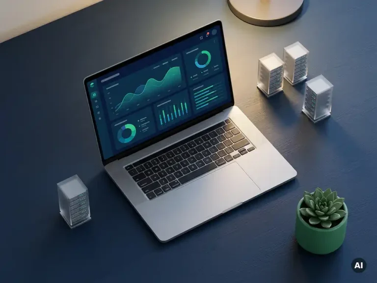 Laptop showing cloud cost analytics dashboard on navy desk with miniature server models and green succulent under warm desk lamp.