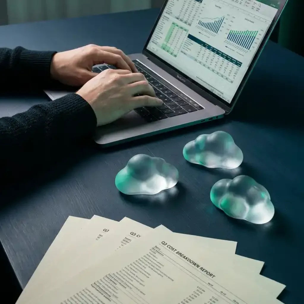 Ein Finanzanalyst hält einen Laptop in den Händen, neben drei Briefbeschwerern in Wolkenform aus Glas, die auf einem marineblauen Schreibtisch, auf dem ein Bericht zur Kostenaufschlüsselung liegt, ein blaugrünes Licht reflektieren.