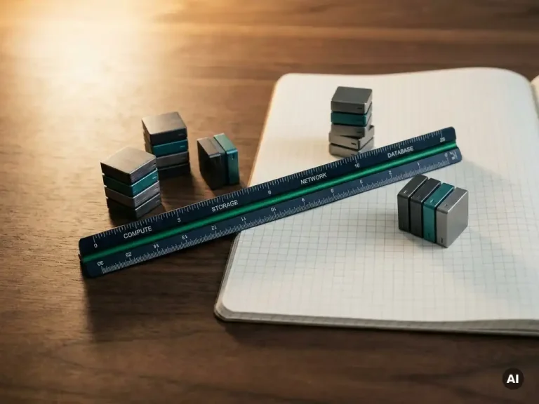 Architect's scale ruler across a minimalist desk with stacked server blocks and open grid notebook, navy and emerald tones illustrating cloud cost breakdown.