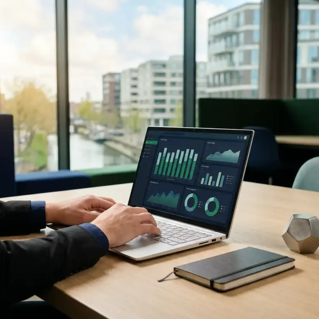 Ein Finanzanalyst, der an einem modernen Schreibtisch in Utrecht mit raumhohen Fenstern auf seinem Laptop Dashboards zu Cloud-Kosten überprüft.