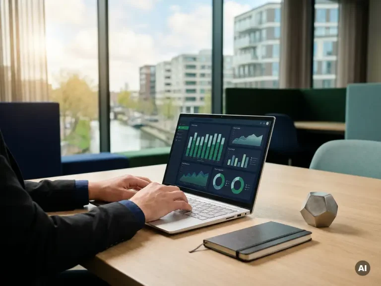 Financial analyst reviewing cloud cost dashboards on a laptop at a modern Utrecht office desk with floor-to-ceiling windows.
