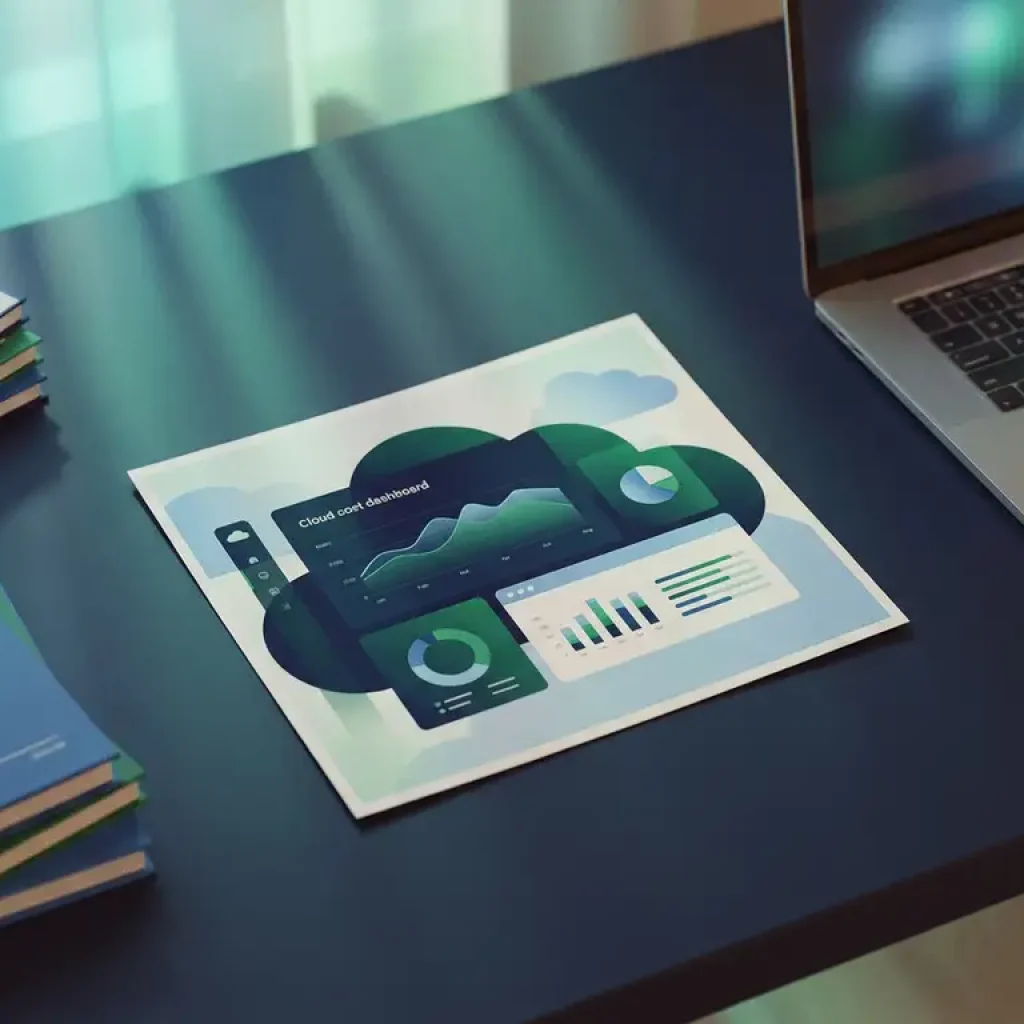 Ein Ausdruck des Cloud-Kosten-Dashboards auf einem dunkelblauen Schreibtisch neben Finanzberichten und einem halb geöffneten Laptop, beleuchtet von türkisfarbenem und grünem Akzentlicht.
