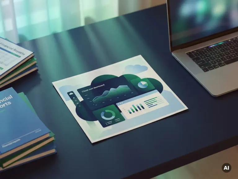 Cloud cost dashboard printout on a navy desk beside financial reports and a half-open laptop, lit with teal and green accent light.