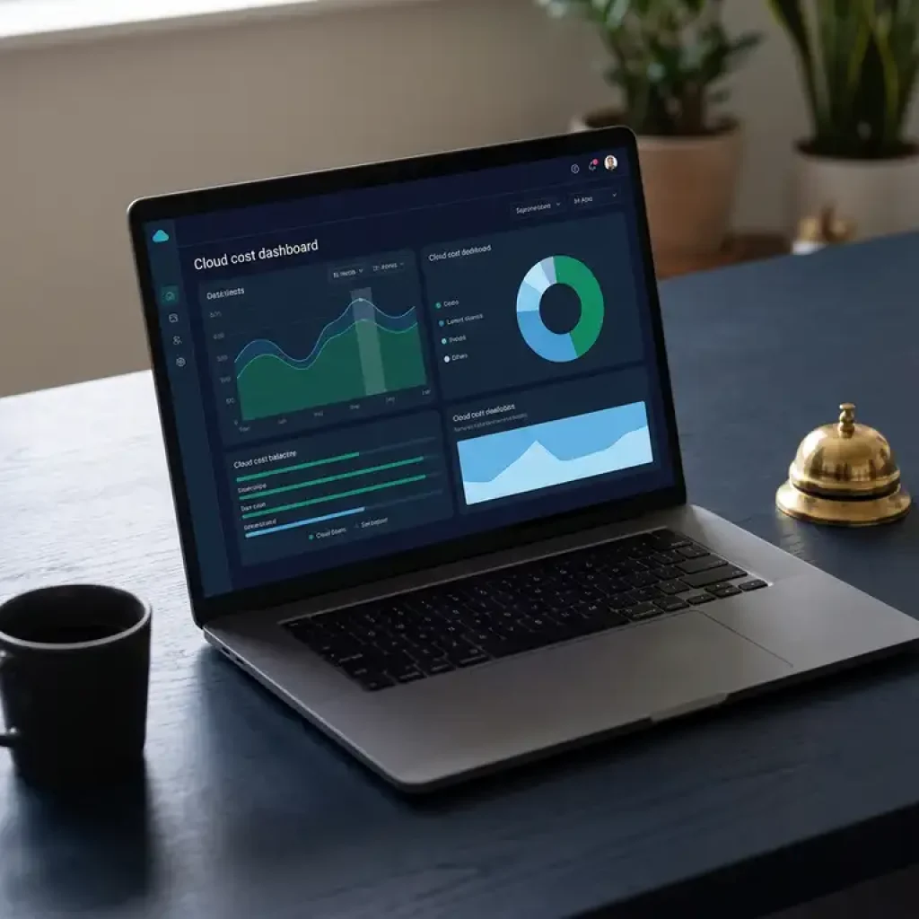 Ein Cloud-Kosten-Dashboard auf einem Laptop neben einer Messingglocke auf einem marineblauen Schreibtisch, wobei eine Kaffeetasse sanfte Schatten in Smaragd- und Blautönen wirft.