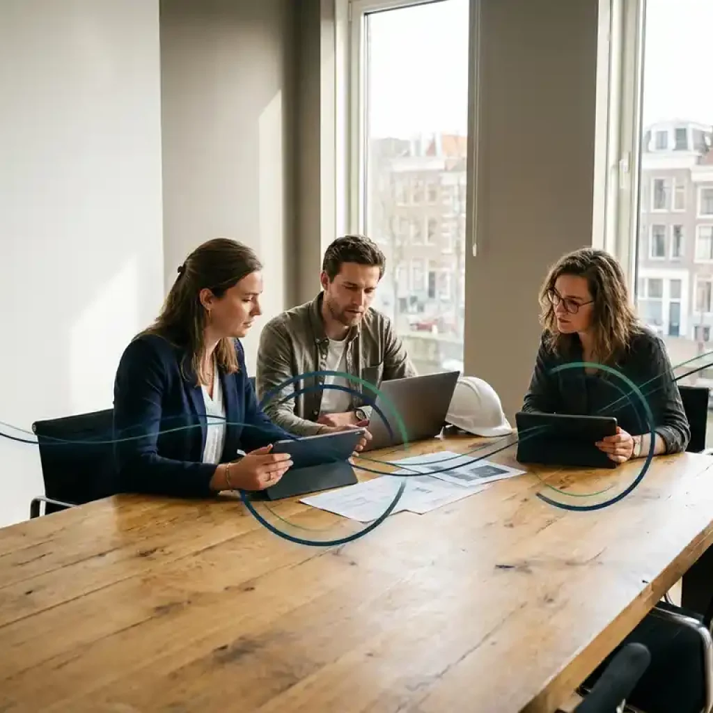 Drei Fachleute, die an einem Eichenholz-Konferenztisch in einem sonnendurchfluteten Büro in Utrecht mit raumhohen Fenstern Berichte über Cloud-Kosten prüfen.