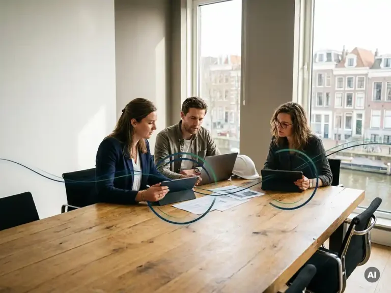Drei Fachleute, die an einem Eichenholz-Konferenztisch in einem sonnendurchfluteten Büro in Utrecht mit raumhohen Fenstern Berichte über Cloud-Kosten prüfen.