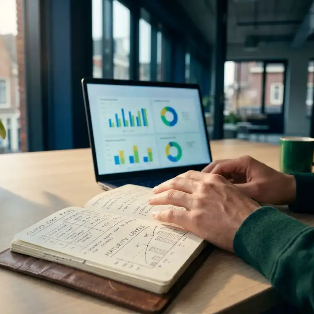Die Hände eines Finanzanalysten, der handschriftliche Preisstufen für Cloud-Dienste in einem Ledernotizbuch durchgeht, während in einem Büro in Utrecht ein Laptop mit einem Daten-Dashboard geöffnet ist.
