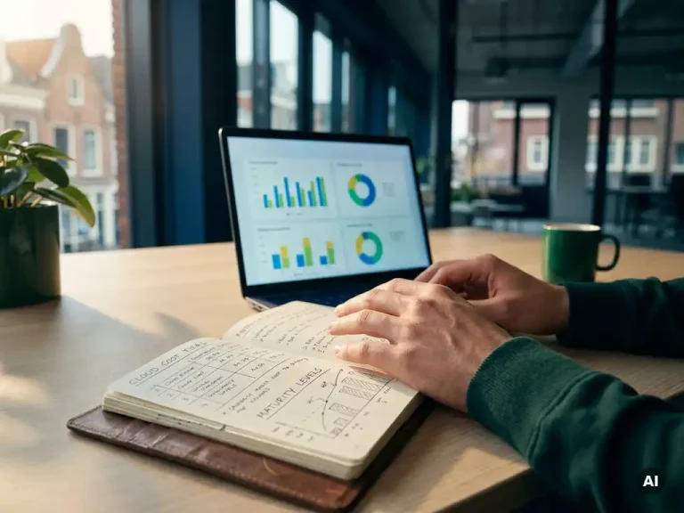 Financial analyst's hands reviewing handwritten cloud cost tiers in a leather notebook, with a data dashboard laptop open in a Utrecht office.