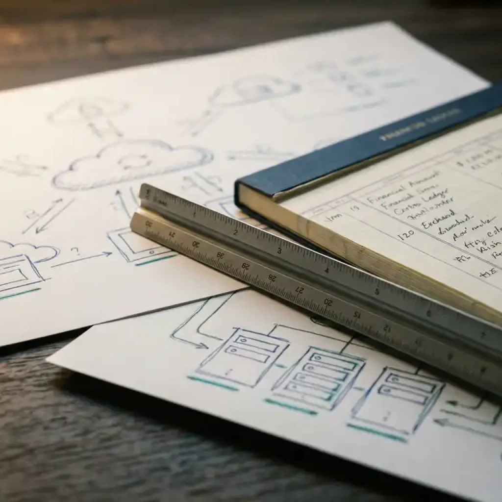 Ein Architektenlineal und ein Notizbuch für Buchhaltungsaufzeichnungen auf einem modernen Schreibtisch neben Skizzen einer Cloud-Infrastruktur in Marineblau- und Waldgrüntönen.
