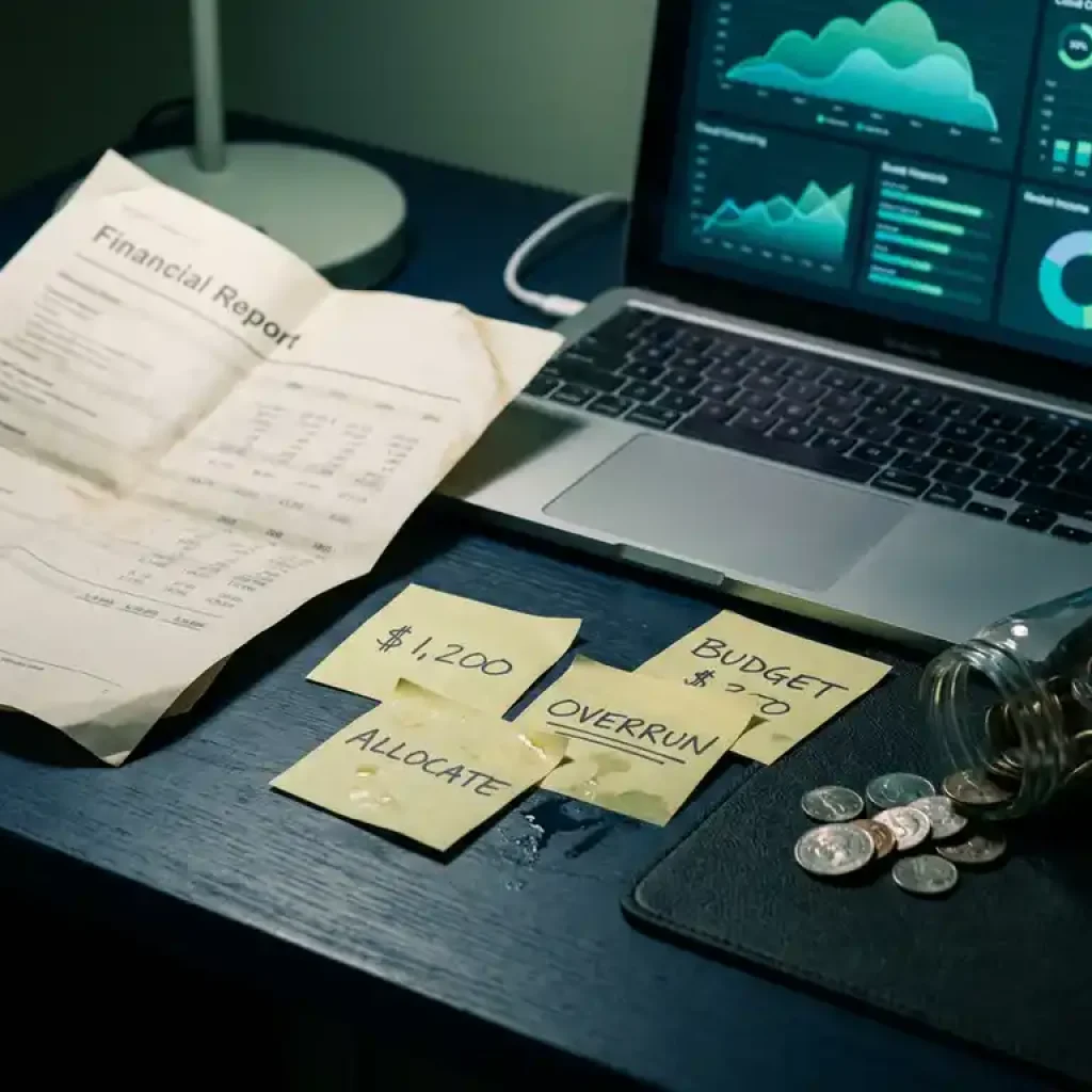 Ein zerknüllter Finanzbericht neben einem Laptop, auf dessen Bildschirm Dashboards der Cloud-Infrastruktur zu sehen sind, verstreute Haftnotizen zum Budget und ein umgekipptes Münzglas auf einem dunkelblauen Schreibtisch.