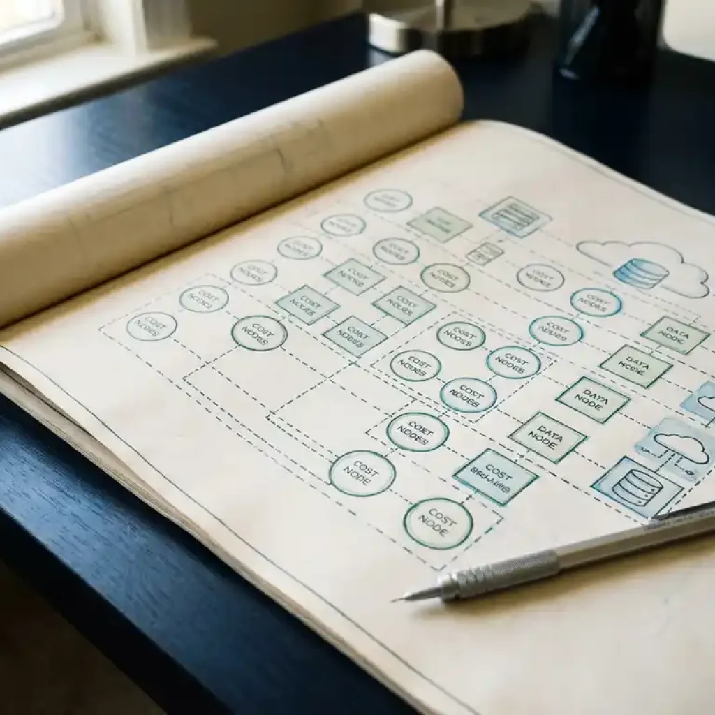 Ein Architekturplan, der auf einem dunkelblauen Schreibtisch ausgebreitet ist und blaugrüne sowie grüne Diagramme zu den Kosten der Cloud-Infrastruktur zeigt, während ein Druckbleistift quer über einer Ecke liegt.