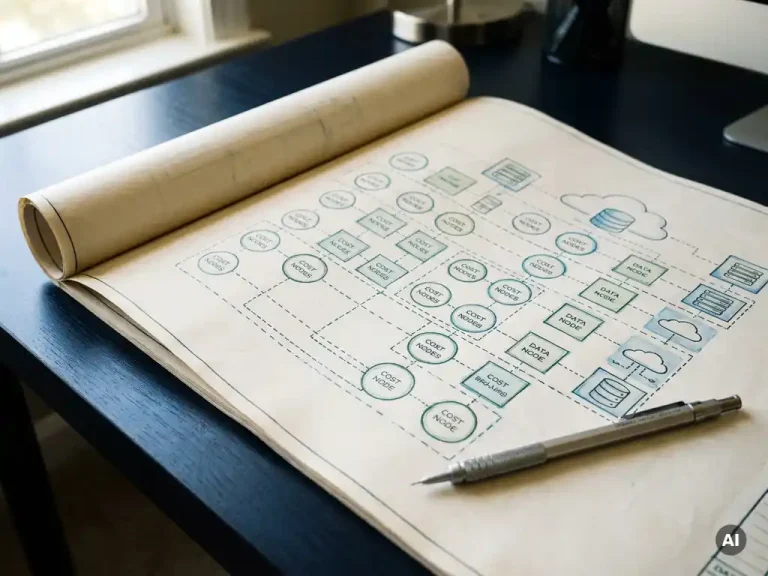 Architect's blueprint unrolling on a navy desk, revealing teal and green cloud infrastructure cost diagrams with a mechanical pencil resting across the corner.
