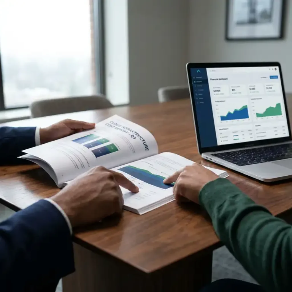 Two professionals gesturing over a cloud infrastructure cost report on a conference table, with a financial dashboard visible on a nearby laptop.