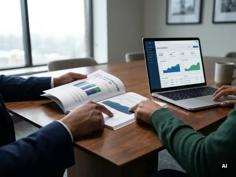 Twee professionals die aan een vergadertafel gebaren maken terwijl ze een kostenrapport over een cloudinfrastructuur doornemen; op een laptop in de buurt is een financieel dashboard te zien.