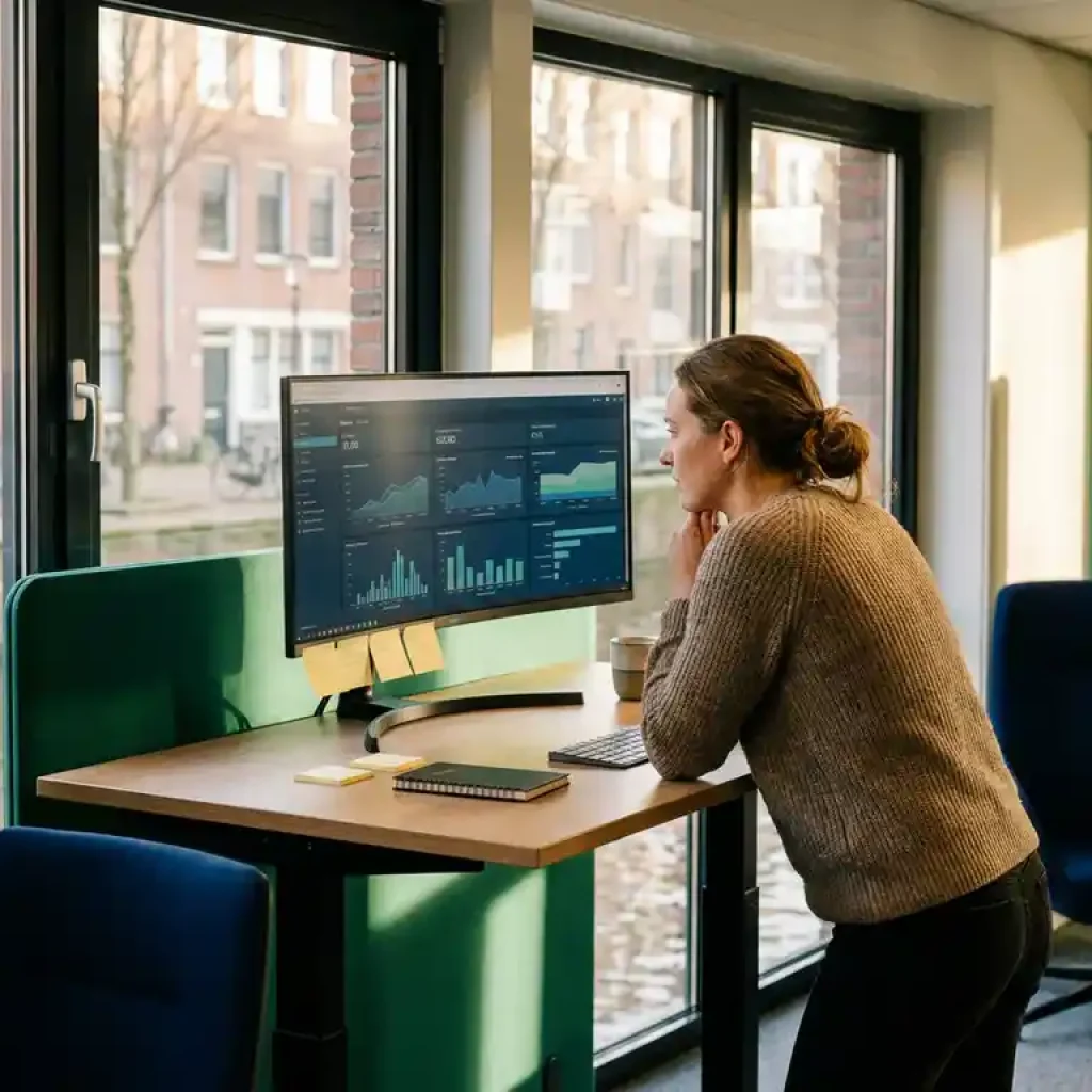 Ein Softwareentwickler an einem Stehplatz, der in einem modernen Büro in Amsterdam auf einem Breitbildmonitor ein Dashboard zu den Kosten der Cloud-Infrastruktur überprüft.