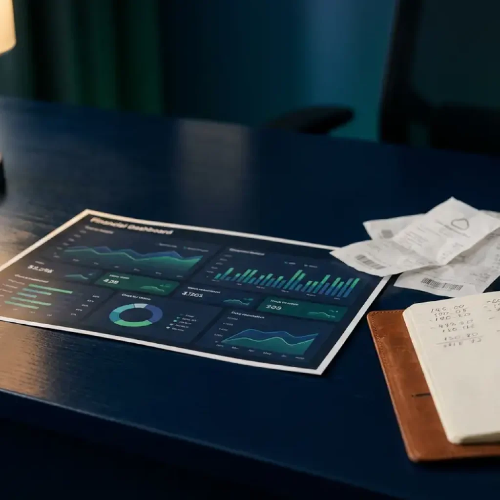 Ein Ausdruck des Finanz-Dashboards auf einem dunkelblauen Schreibtisch neben Belegen für die Kosten der Cloud-Infrastruktur und einem Notizbuch mit handschriftlichen Zahlen.