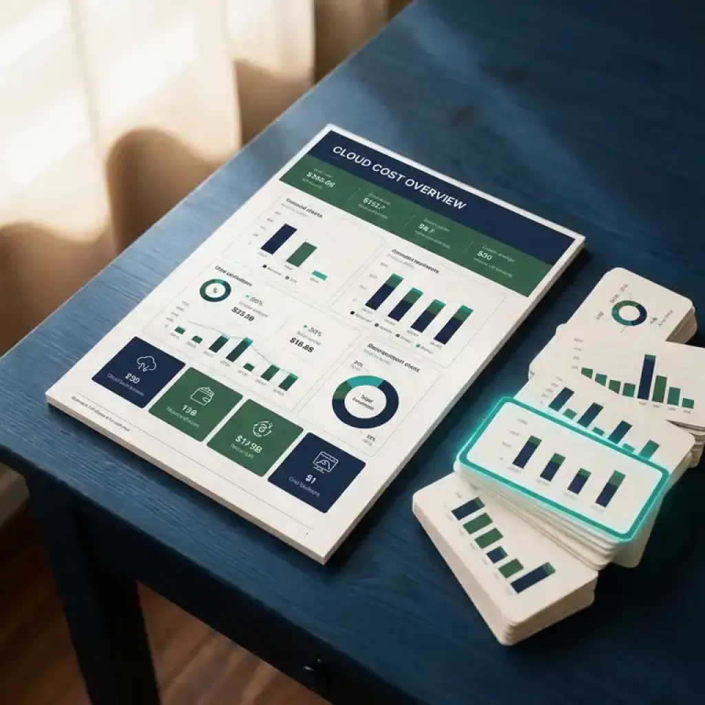 Bericht zum Kosten-Dashboard der Cloud-Infrastruktur auf einem Schreibtisch der Marine mit aufgefächerten Finanzübersichtskarten, von denen eine in Blaugrün hervorgehoben ist.