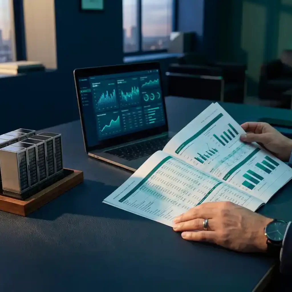 Ein Beschaffungsfachmann prüft an einem Schreibtisch der Marine einen Kostenbericht zur Cloud-Infrastruktur, während auf einem Laptop in seiner Nähe Finanz-Dashboards angezeigt werden.