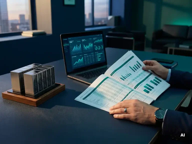 Procurement professional reviewing cloud infrastructure cost report on a navy desk with financial dashboards on nearby laptop.