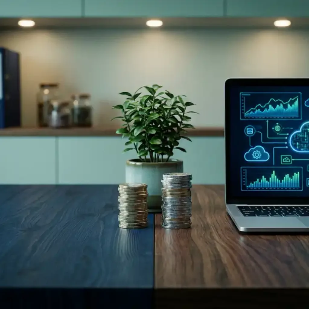 Zwei Stapel Euro-Münzen neben einem Laptop, auf dessen Bildschirm Dashboards einer Cloud-Infrastruktur zu sehen sind, dazu eine kleine grüne Pflanze in einem minimalistisch gestalteten Büro in Marineblau und Smaragdgrün.